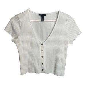 Forever 21 White Button-Down Crop Top W/ Ruffle Hem